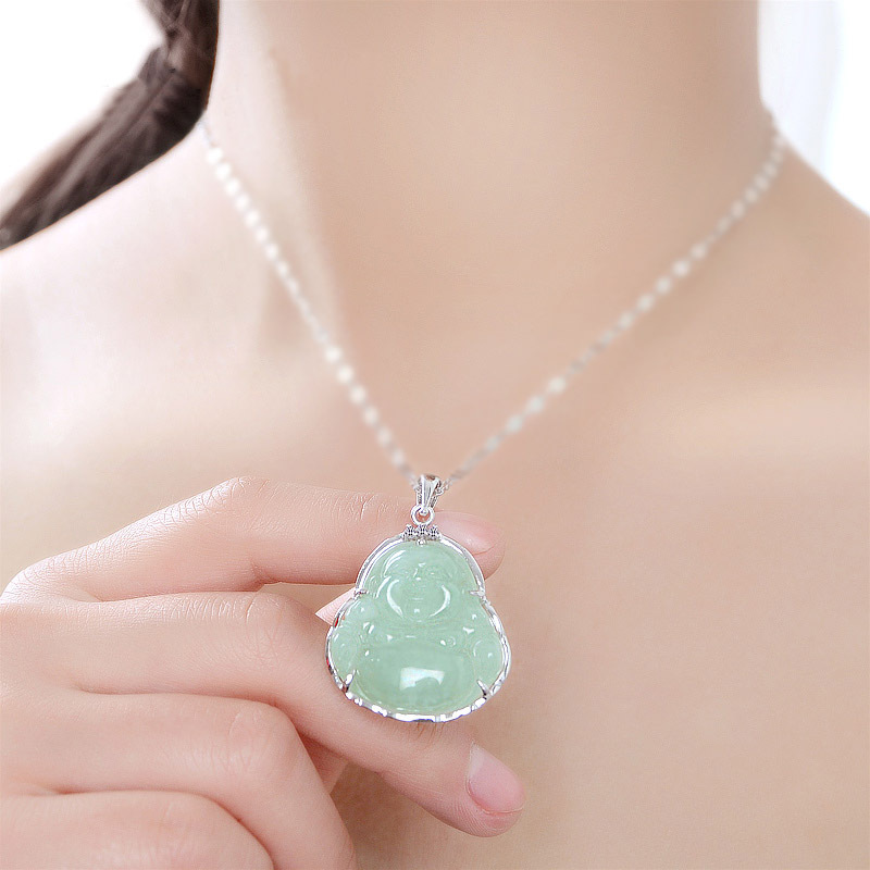 银镶玉佛吊坠925银镶嵌天然翡翠大肚佛光挂件玉弥勒佛母亲节礼物
