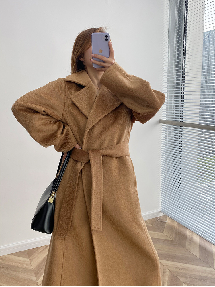 m家孙俪同款manuela大衣骆*驼绒羊毛修身长款水波纹大衣外套