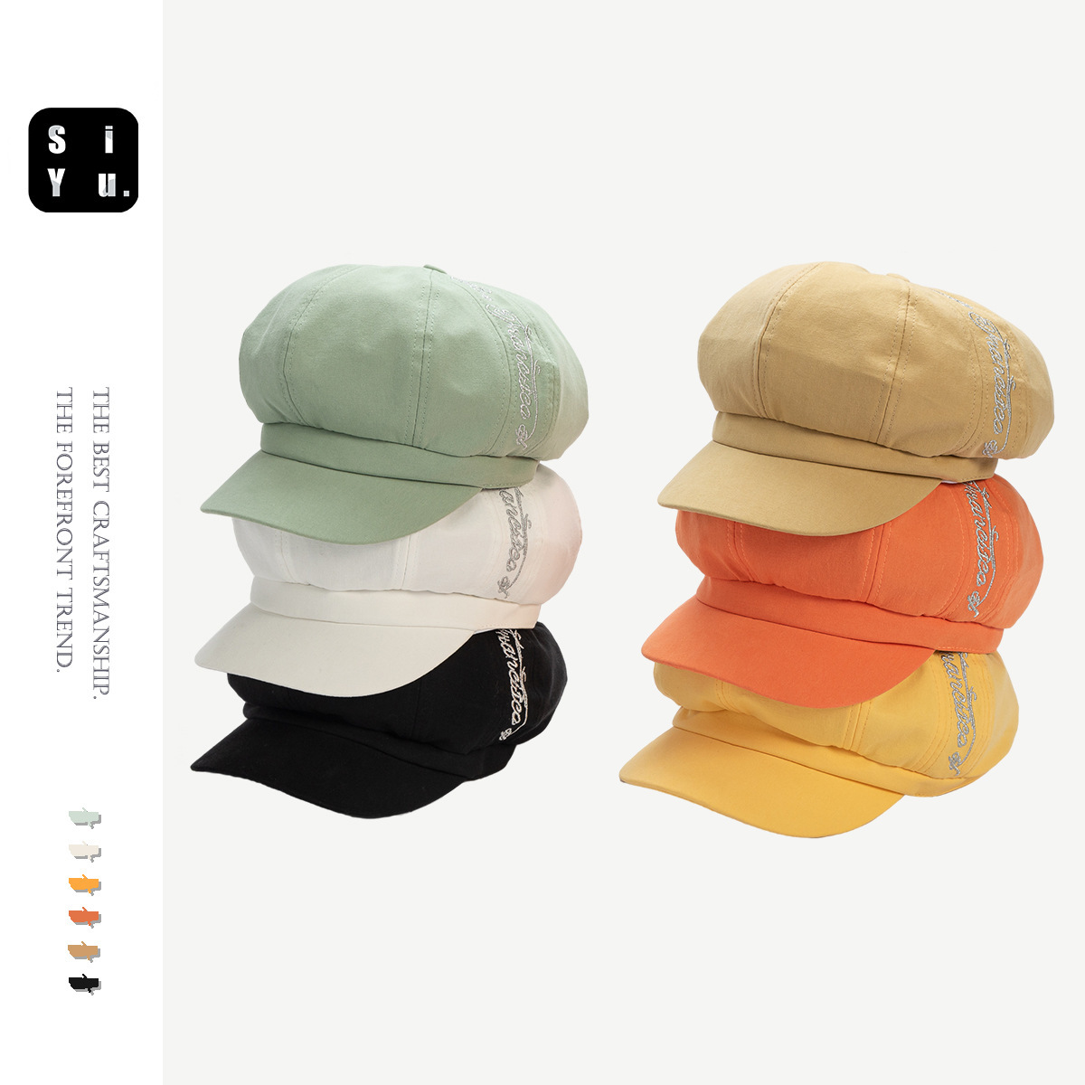 Hat Spring and Autumn Peaked Cap Solid Color Embroidered Cotton Artistic Retro Female All-Matching Octagonal Hat British Autumn and Winter Beret
