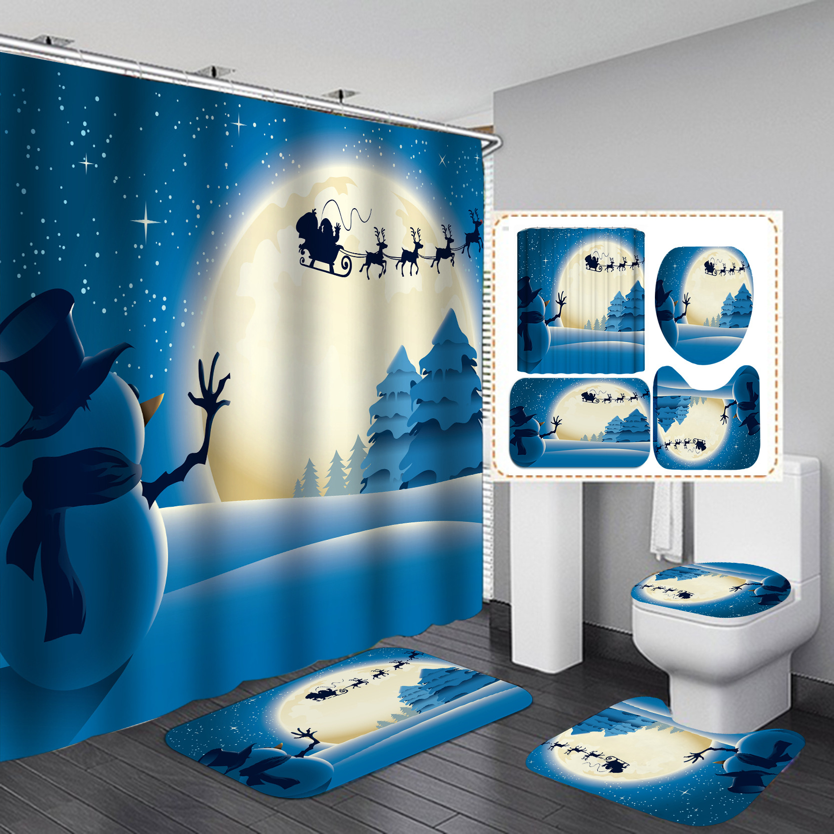 Cross-Border Direct Shower Curtain Four-Piece Christmas Series Waterproof Punch-Free Partition Curtain Bath Curtain Hotel Rain Curtain