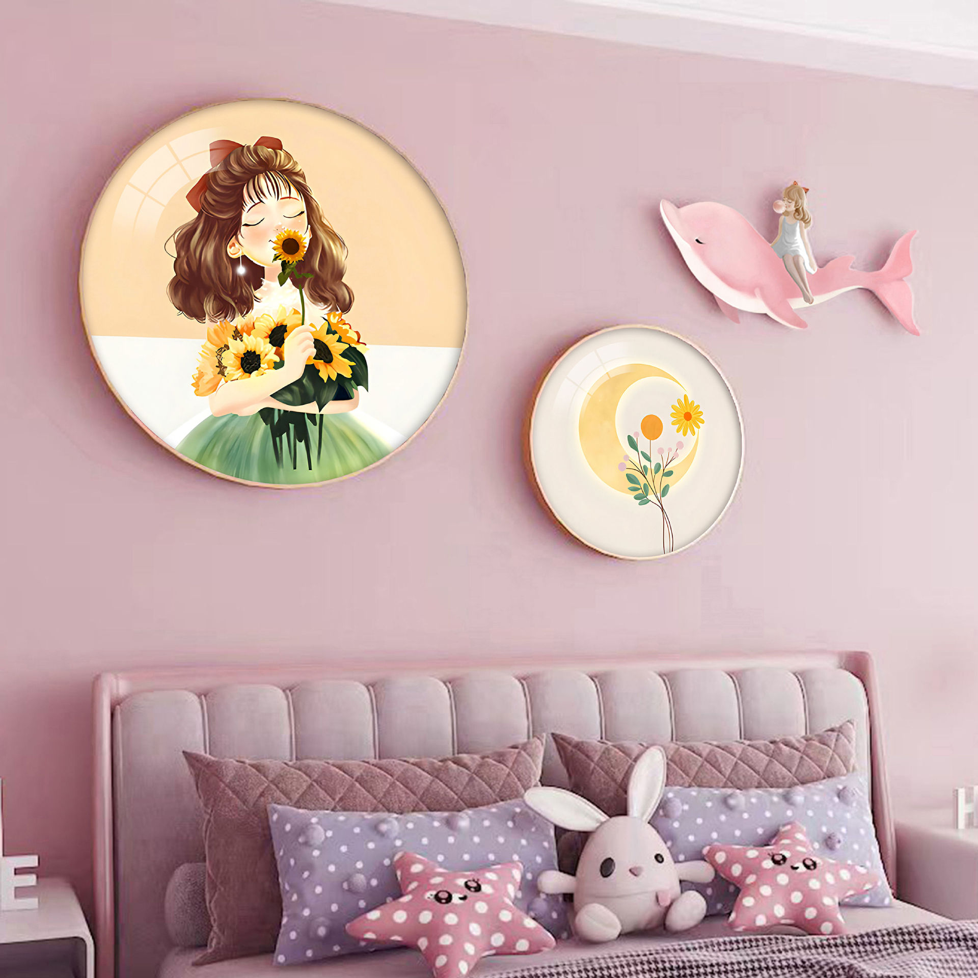 创意北欧儿童房卧室床头装饰画圆形挂画粉色女孩房间布置墙面壁画