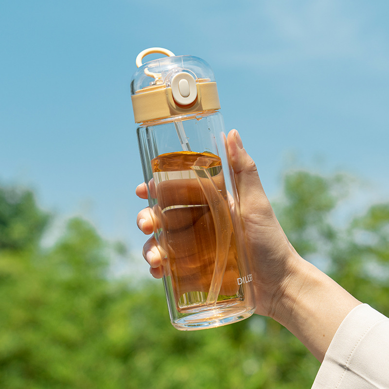 创意懒人水杯带吸管外出携带喝水杯双层防烫手玻璃杯学生水瓶送礼