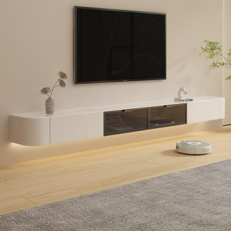 奶油风白色岩板悬浮悬挂式悬空电视柜茶几组合现代简约客厅小户型