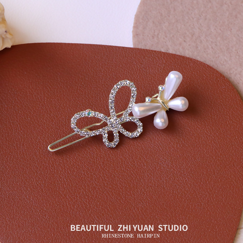 Korean Style Rhinestone Barrettes Female Butterfly Pearl Fresh Bang Clip Cute Super Fairy Side Clip Ornament Wholesale Hairpin