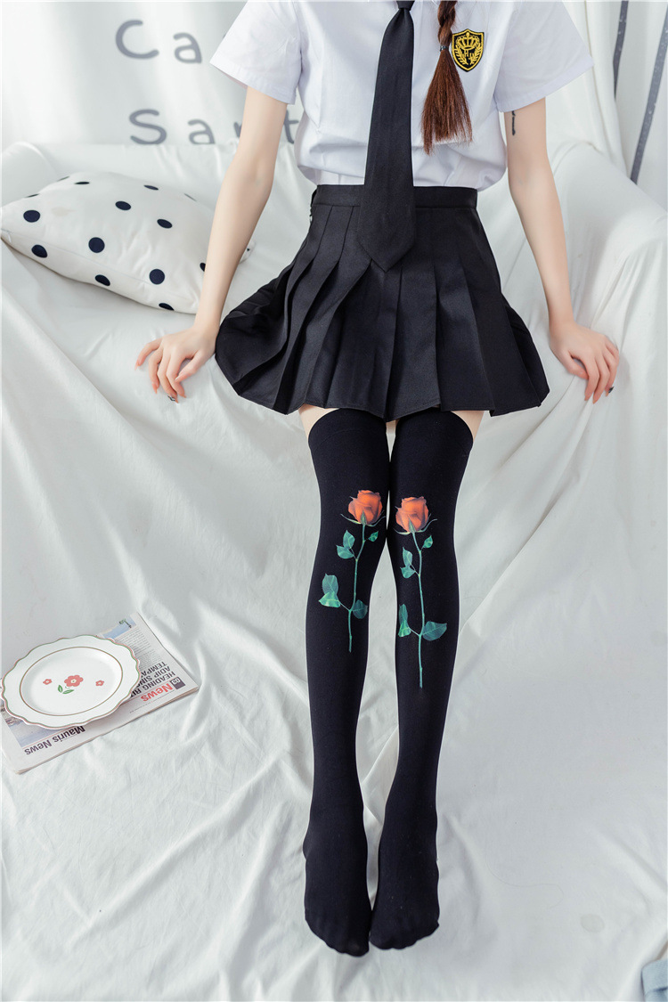 天鹅绒过膝袜大腿袜黑白丝袜烫金胶印lolita长筒jk学生微透女 cos