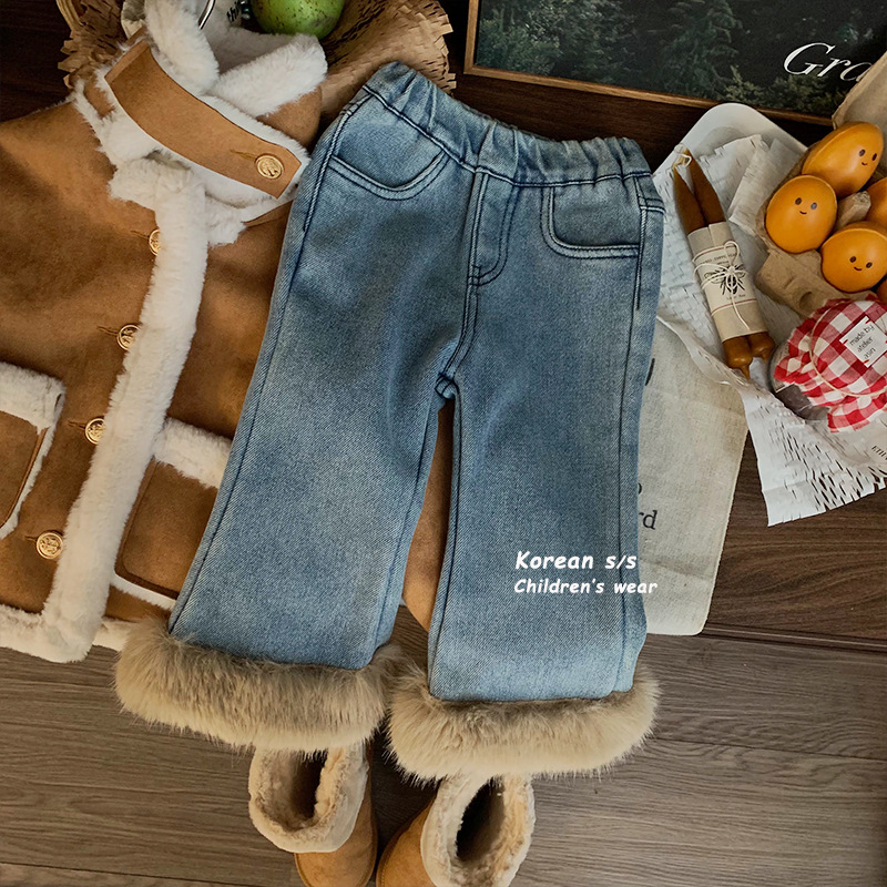 Deer Deer Girls' Fleece-Lined Trousers 2023 Winter New Children's Foot Mouth Fur Single-Layer Fleece-Lined Denim Bell-Bottom Pants