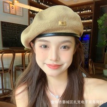 夏季薄款透气百搭贝雷帽女日系甜美pu边针织网红金属复古画家帽子