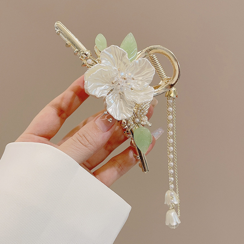 古风小抓夹流苏汉服麦穗蝴蝶发夹女珍珠设计感后脑勺盘发抓夹大号