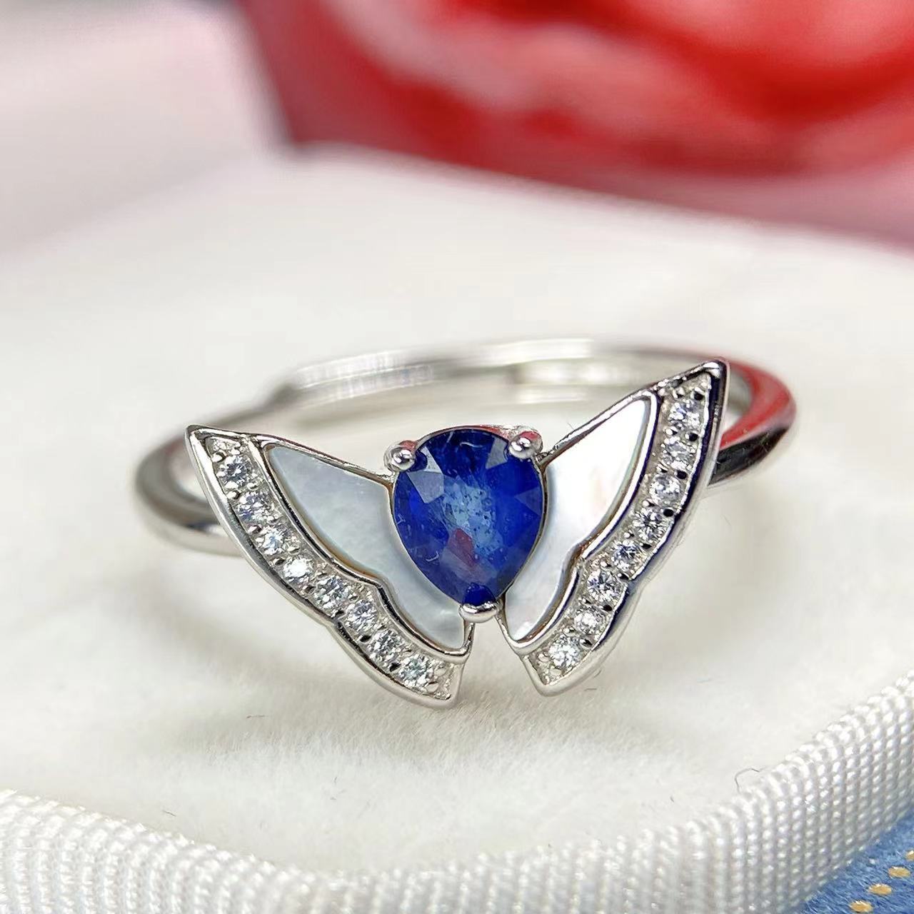 蓝宝石女款戒指s925银镶嵌高板新款天然蓝宝石宫廷风直播银饰批发