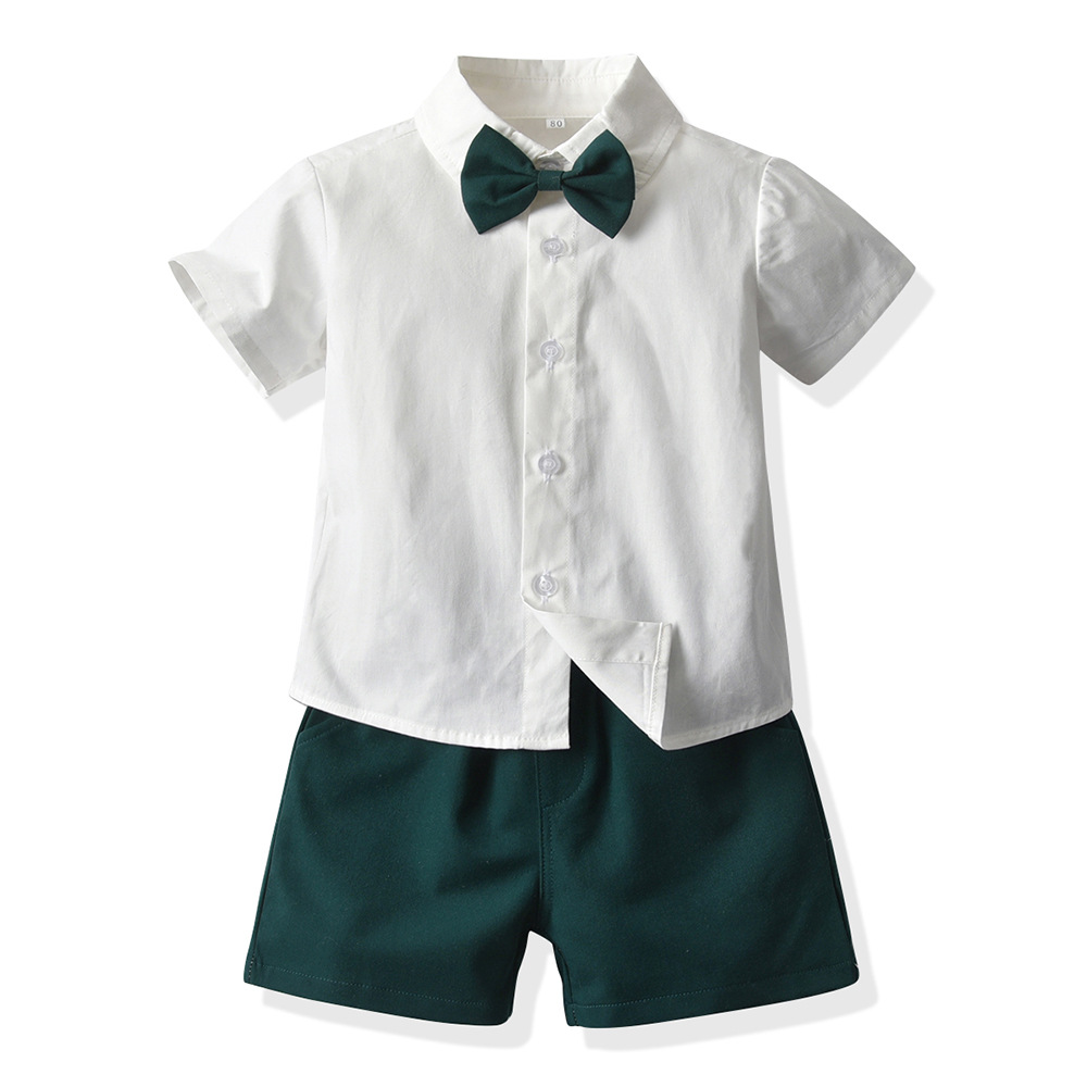 Children's Clothing Summer Children's Short-Sleeved Cotton White Shirt Suspender Bow Dress Wholesale Boys' Suit