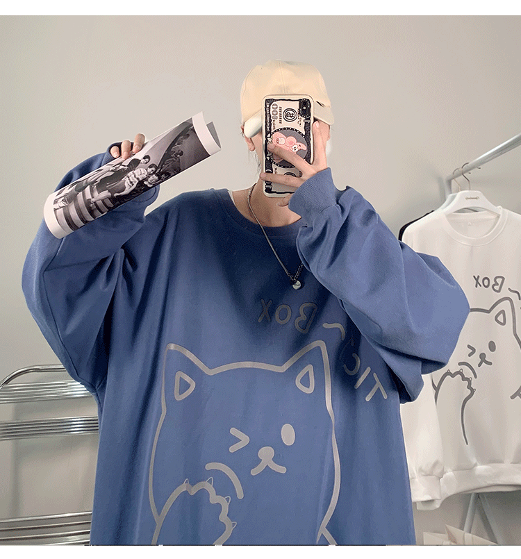 珀斯人中性猫咪印花卫衣情侣宽松休闲卡通上衣圆领套头打底上衣男