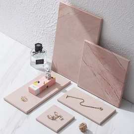 现代简约天然大理石托盘家用粉红色台面收纳托盘长方形卫浴置物盘