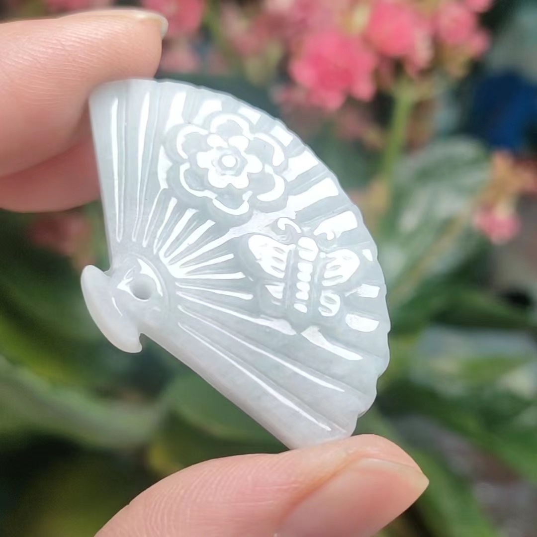 缅甸a货翡翠扇形挂件善结良缘好寓意冰润翠玉蝶恋花扇子吊坠配饰