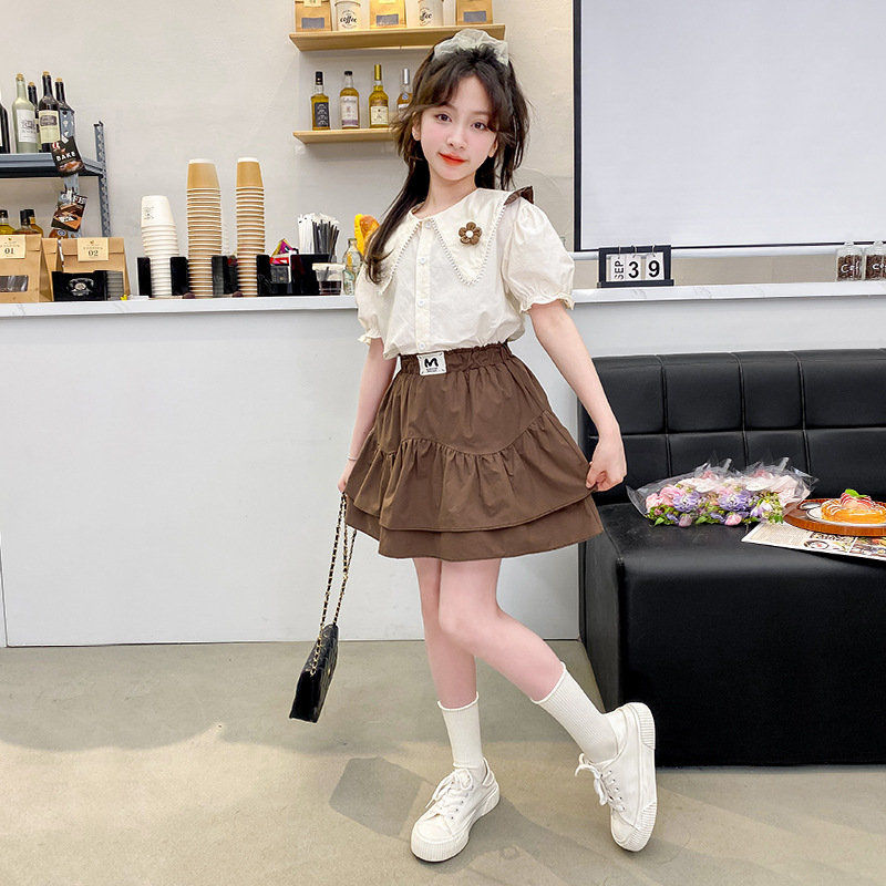 女大童夏装时尚套装2024新款洋气韩版休闲衬衫百褶裙女孩两件套潮