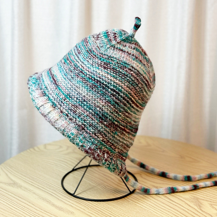 Winter Warm Dopamine Striped Rainbow Hat Gradient Color Woolen Knitted Hat Show Face Small Lace-up Head-Wrapping Hat