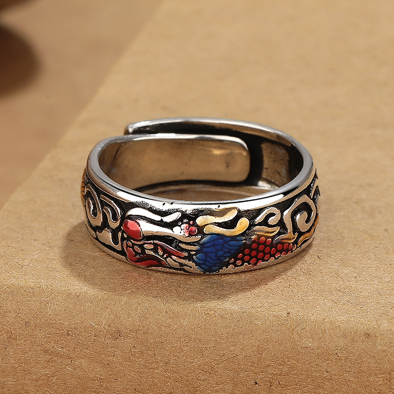复古做旧滴胶工艺景泰蓝珐琅祥龙戒指男女同款开口可调节食指指环