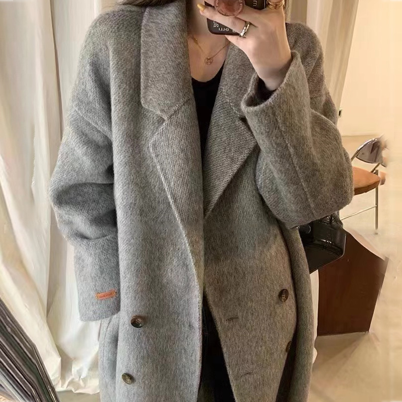 season clearance high-end reversible cashmere coat women‘s wool double-breasted korean-style mid-length cocoon-shaped woolen coat