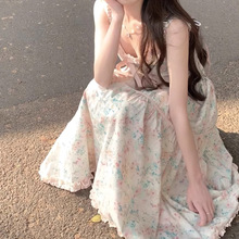 繁花少女J美吊带连衣裙夏2024新款小众设计修身长裙甜美蝴蝶结潮