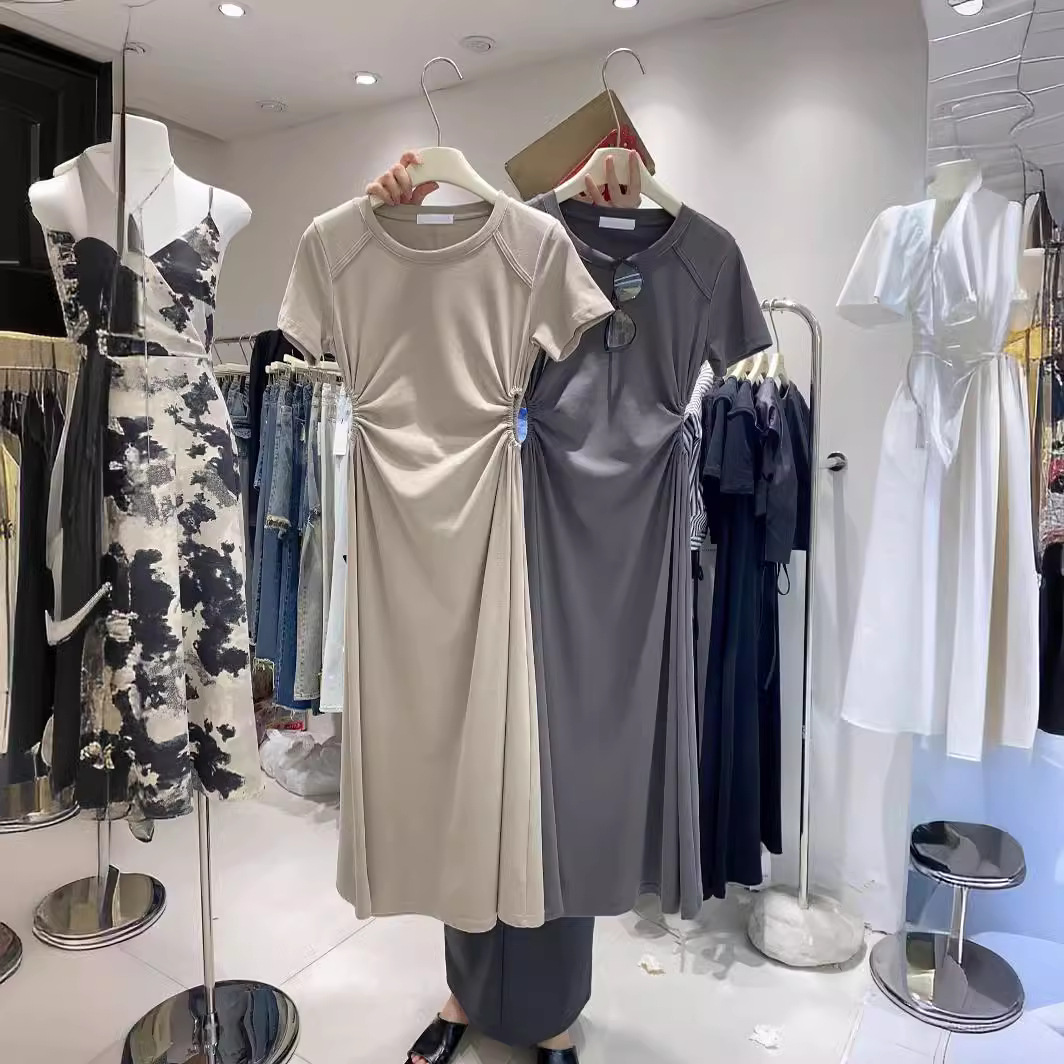 韩国东大门2024夏装新款韩版两侧镂空漏腰长款显瘦短袖t恤连衣裙