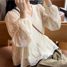 韩系甜美超仙V领蕾丝衬衫女长袖早秋设计感小众法式别致小衫上衣