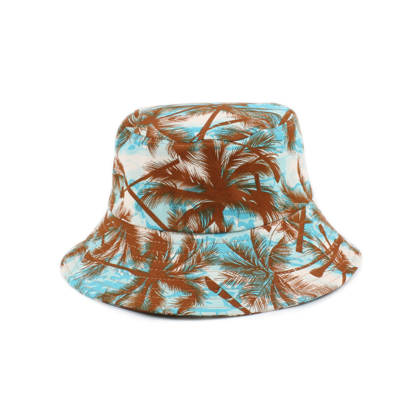 渔夫帽春夏新款热带椰树图案印花盆帽男女潮搭防风绳透气遮阳帽