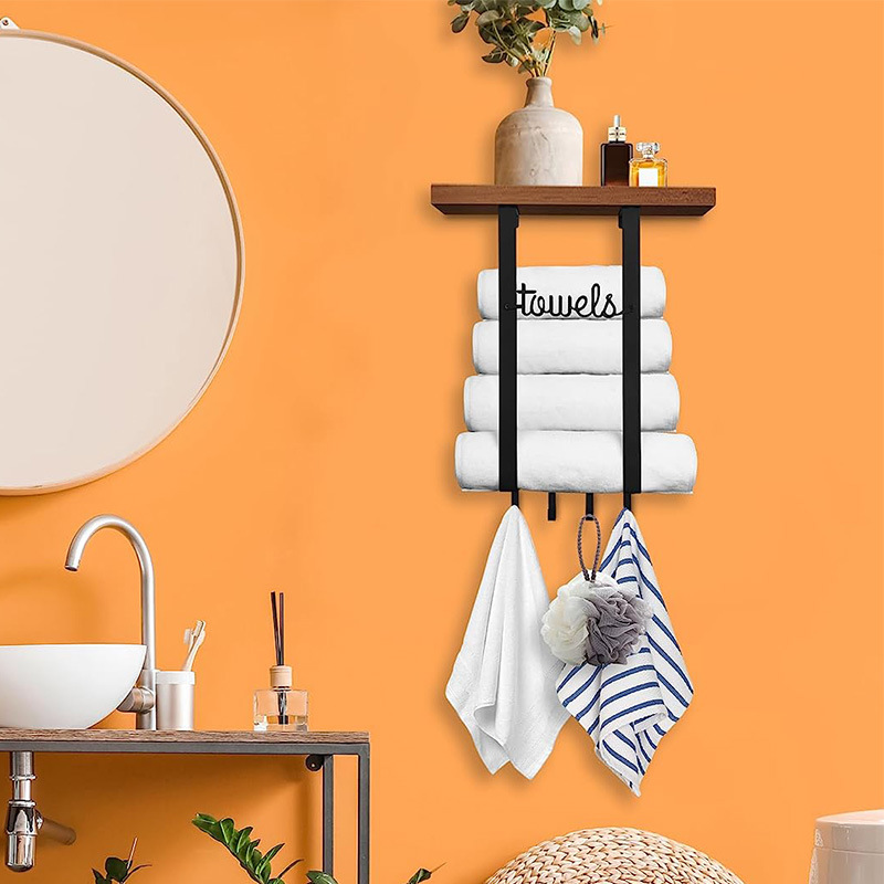 Cross-Border Bathroom Bath Towels Storage Rack Iron and Wood Combined Storage Rack Wall-Mounted Removable Wood Metal Towel Rack