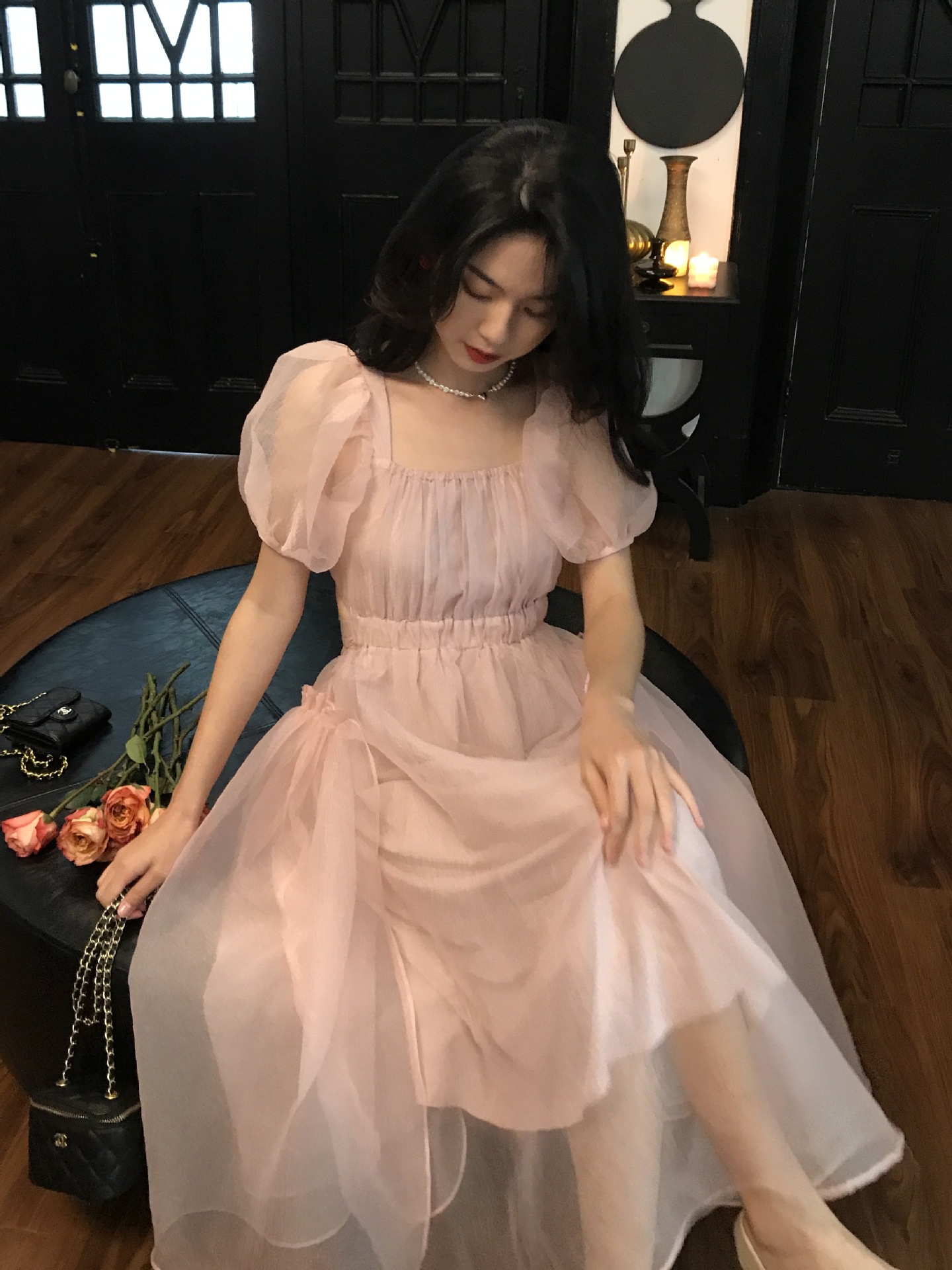 2022潮ins粉色法式复古蓬蓬连衣裙女夏设计感小众泡泡袖公主纱裙