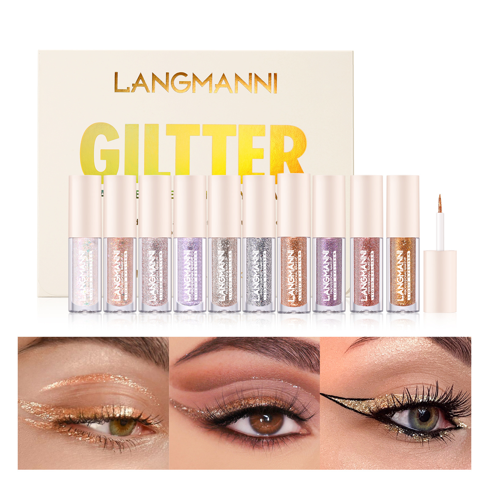 Langmanni Ten-Color Color Thin and Glittering Liquid Eyeliner Set Highlight Shiny Eye Brightener Gift Box Cross-Border Makeup