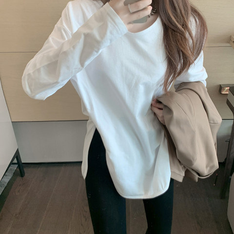 2023 Early Autumn New Base Shirt Loose Cotton White Long Sleeve T-shirt Women's Split Large Version Outer Wear Western Style Top