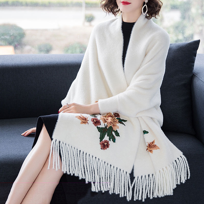 秋冬配旗袍披肩斗篷红色女加厚仿貂绒带袖流苏婚礼妈妈外套外搭