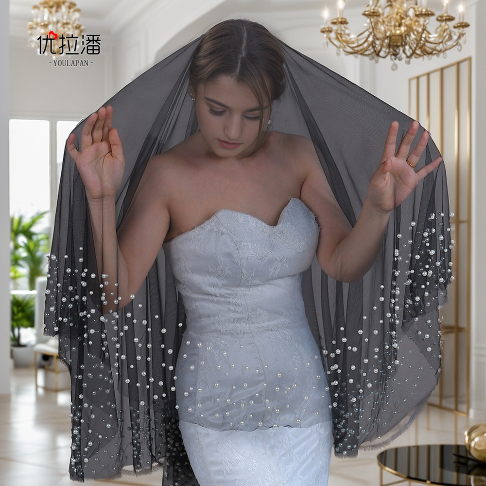 优拉潘 新款黑色珍珠头纱 新娘婚纱写真复古万圣节造型头饰品v228