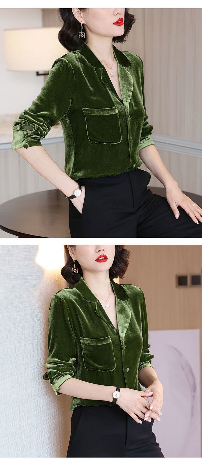 金丝绒上衣女设计感小众轻熟风复古丝绒衬衣女v领休闲衬衫女