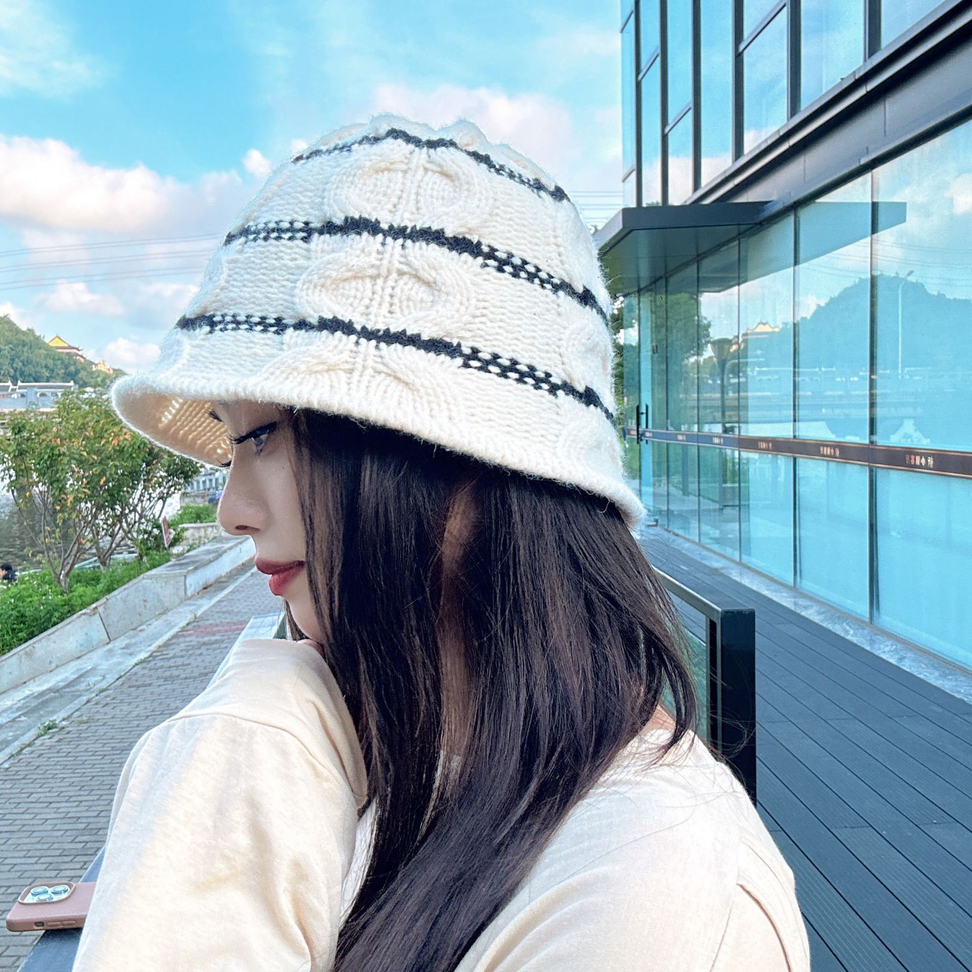 秋冬韩国 针织条纹韩版毛线渔夫帽 撞色感拼色保暖出街显脸小帽子