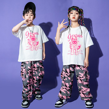 爵士舞儿童服装男童hiphop街舞童装嘻哈宽松短袖女孩运动会演出服