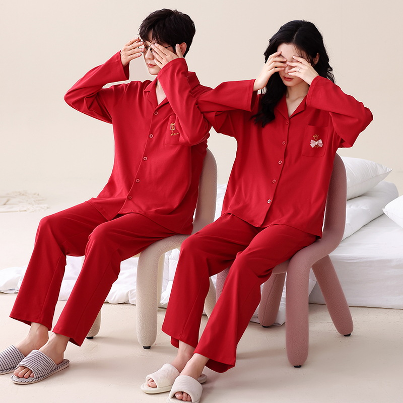 Industrial Big Red Cotton Pajamas Women's Long-Sleeved Spring and Autumn Couple's Wedding Year Pajamas Men's Autumn and Winter Suit