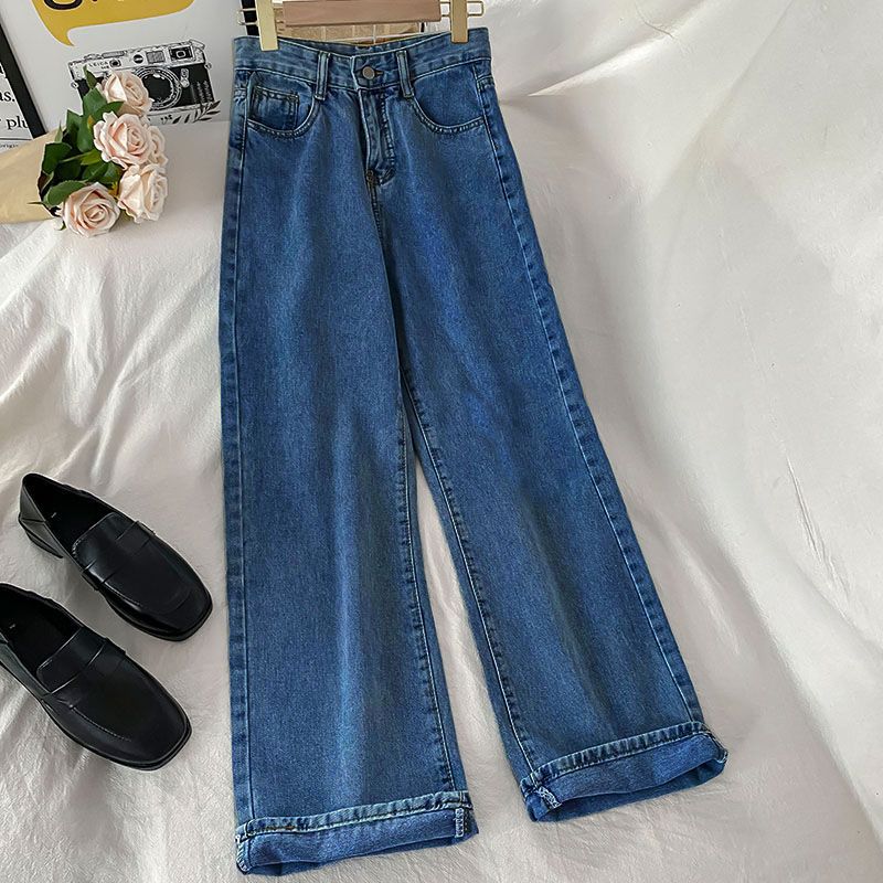   Casual Wide-eg Jeans Women's Spring Small Versatile High Waist oose Outer Wear Trousers Straight Drooping Mop Pants