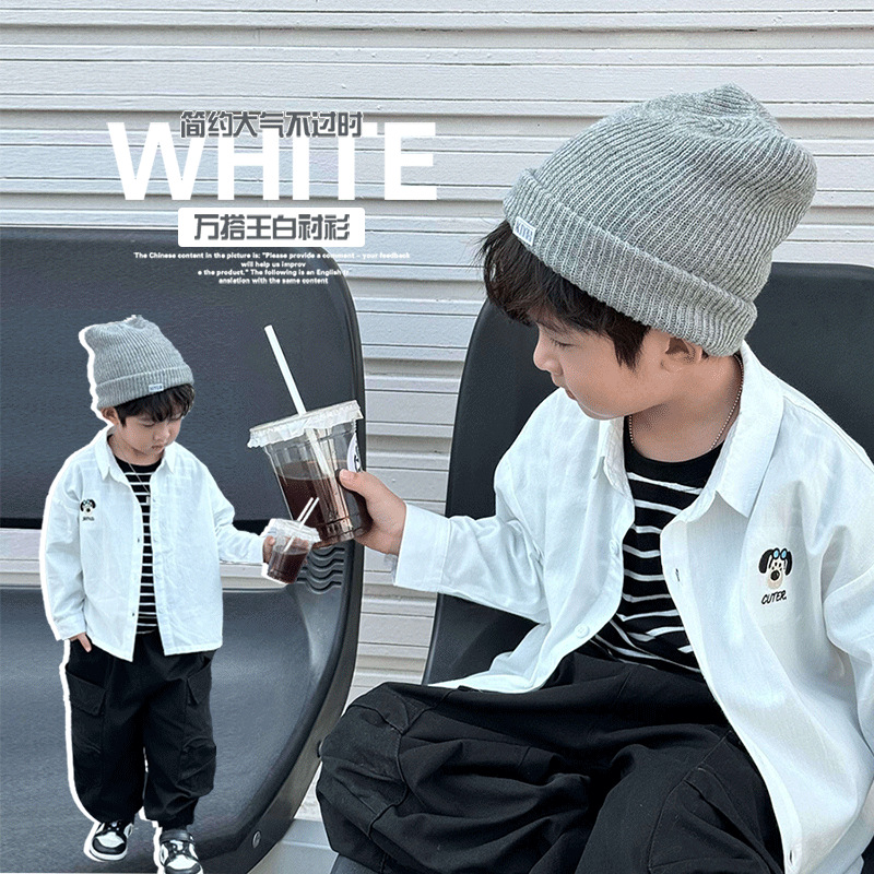 男童衬衫春装新款中大童长袖儿童韩版白色衬衣刺绣字母童装上衣