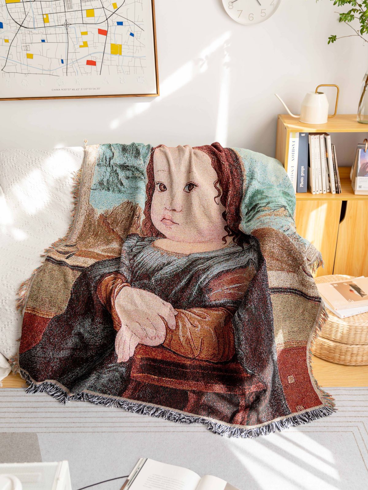 Q Cute Mona Lisa Single Sofa Cover Decorative Blanket Nap Blanket Night Market Tapestry