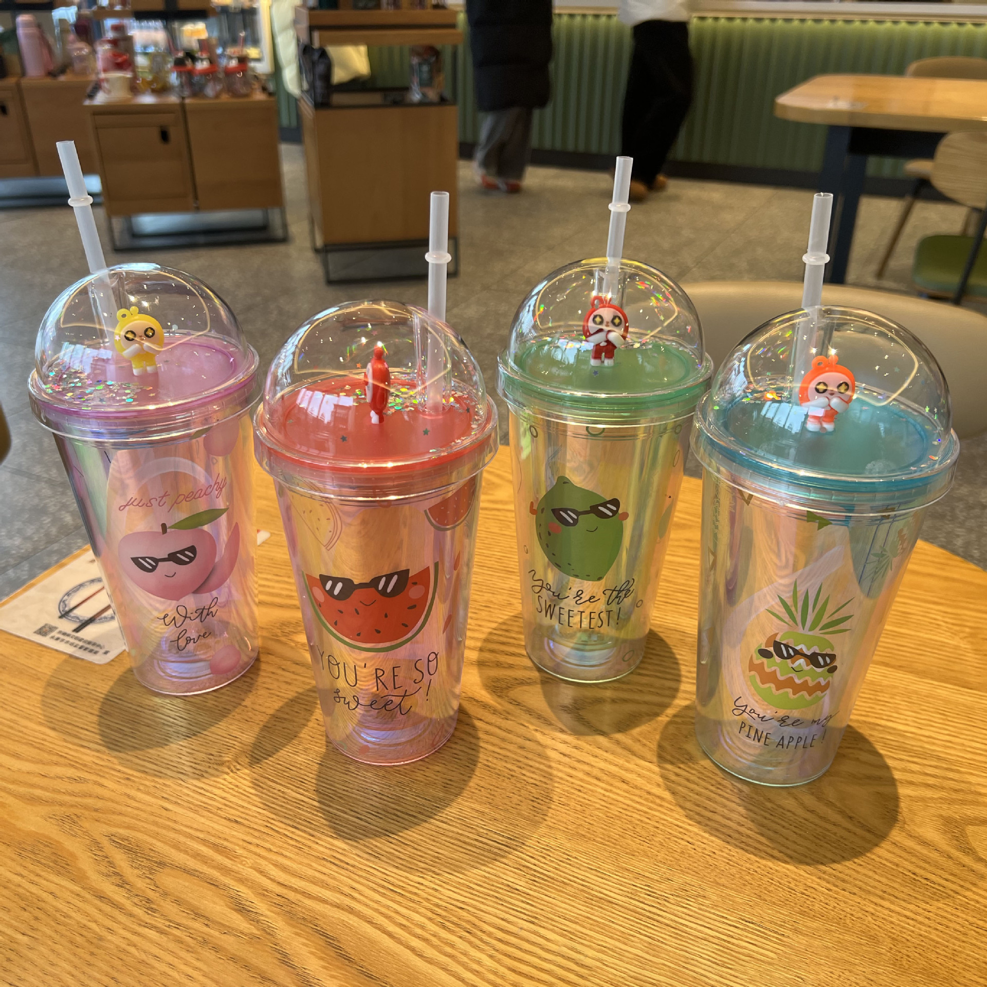 Foreign Trade Hot Sale Double Layer Ice Cup Wholesale Cartoon Fruit Colorful Laser Plastic Cup Micro Landscape Cup Portable Straw Cup