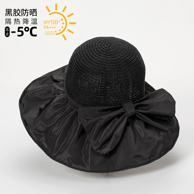 Foldable Vinyl Bucket Hat Face Cover Sun-Proof Sun Hat Uv Protection Sun Hat Female Bow Big Brim Hat