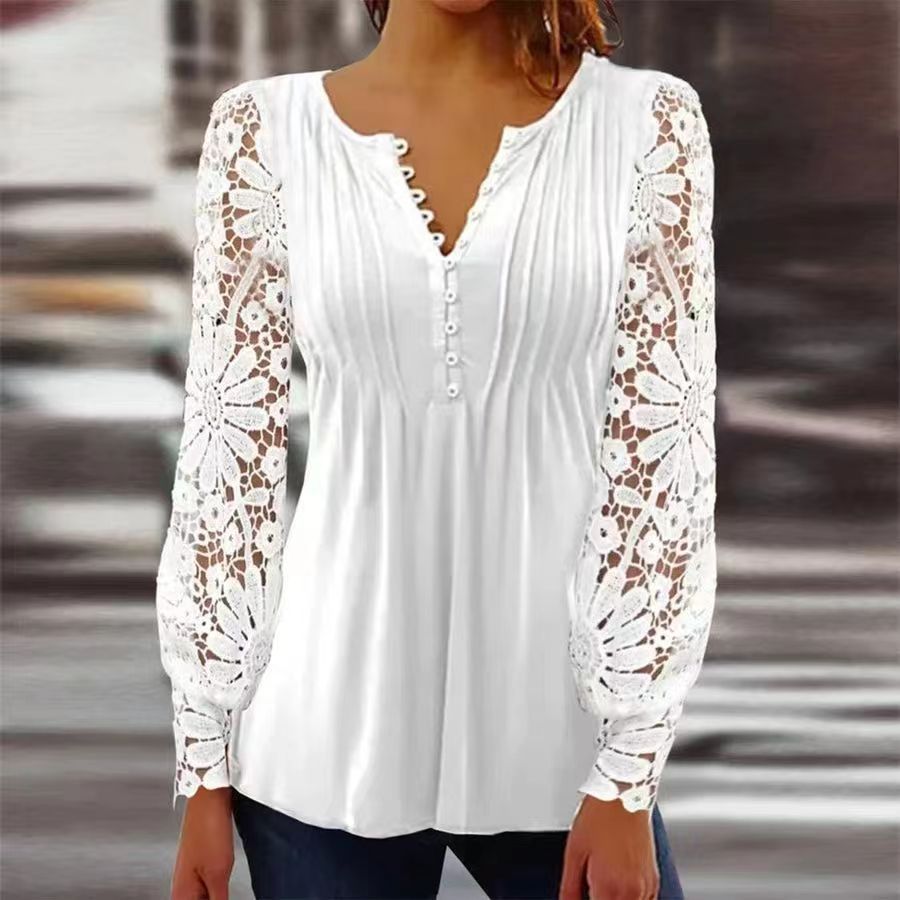 2023 Cross-Border European and American Spring and Autumn Fashionable New Women's Clothing Lace Lace Sleeve Pleated Solid Color Buttons T-shirt Bottoming Shirt