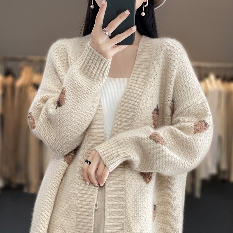 开衫女羊绒纯秋冬v上衣羊毛衫外套%领拼色草莓加厚甜美100中长款