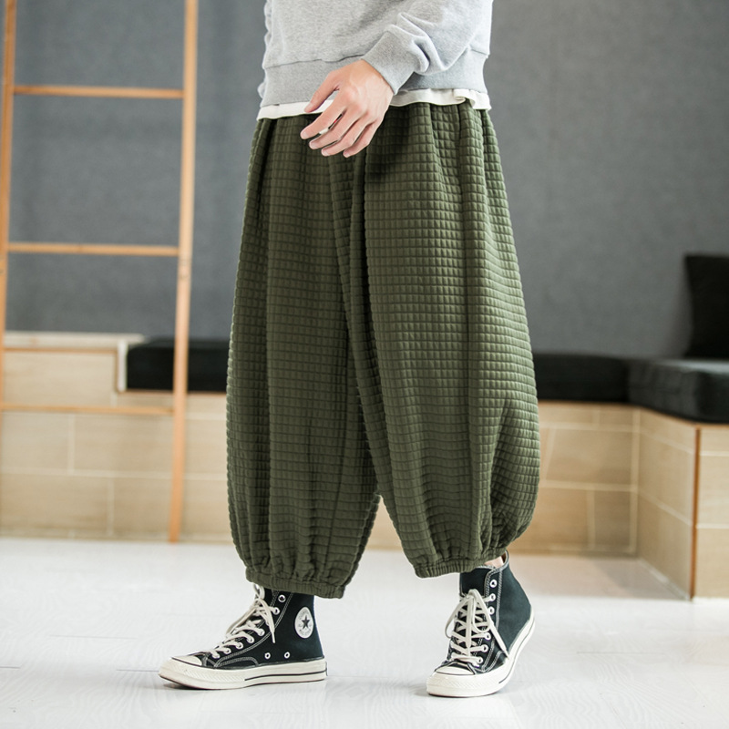 2021秋冬新款加大码灯笼裤针织马裤中国风长裤华夫格阔腿九分裤男