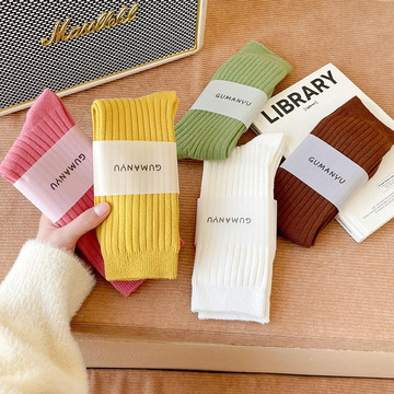 堆堆袜子女纯棉中筒棉袜韩国多巴胺纯色双针秋冬条纹白色长筒袜女