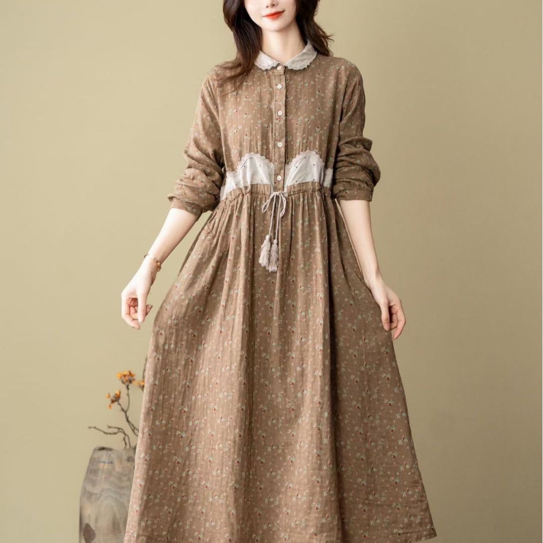 棉麻套头连衣裙 2024春季新款 印花翻领流苏抽绳长袖复古女士长裙