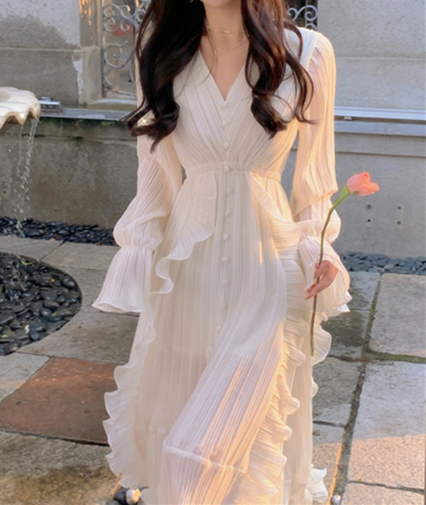 裙齐色现货仙女神明少女夏季连衣裙压褶荷叶边中长款雪纺收腰连衣裙女