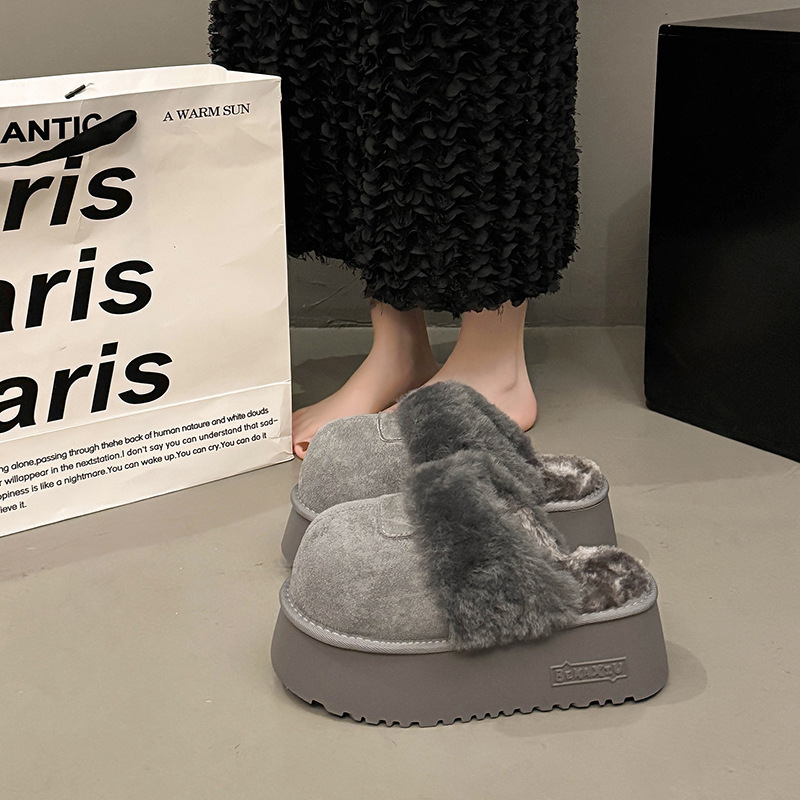 卡皮巴拉磨砂真皮厚底包头拖鞋女外穿爆款冬季加绒保暖丑萌半拖鞋