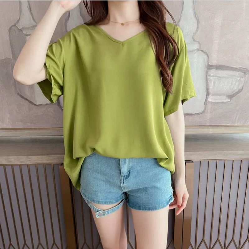 纯色宽松短袖t恤女款棉绸短袖t恤女大码纯色t恤打底衫上衣夏-阿里巴巴