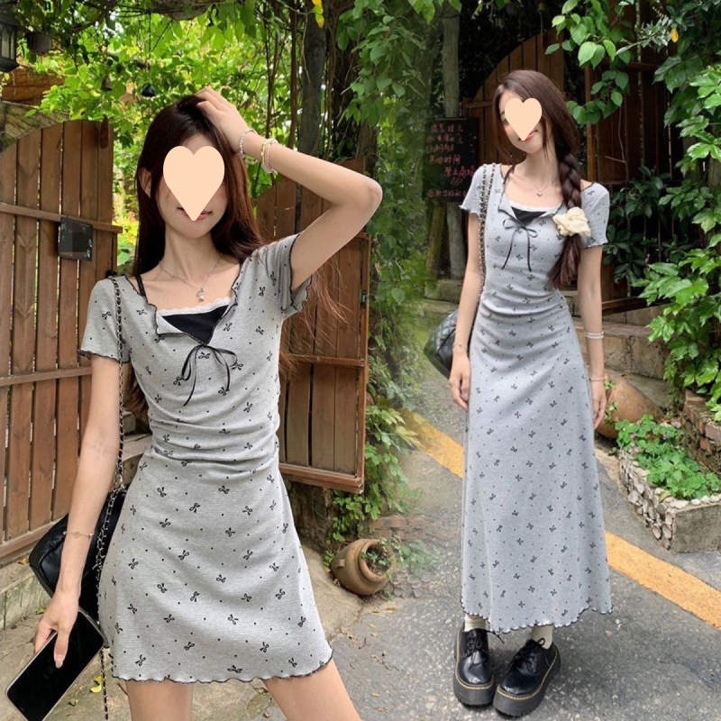 设计感小众假两件褶皱收腰显瘦过膝字长裙女夏季甜妹短袖连衣裙