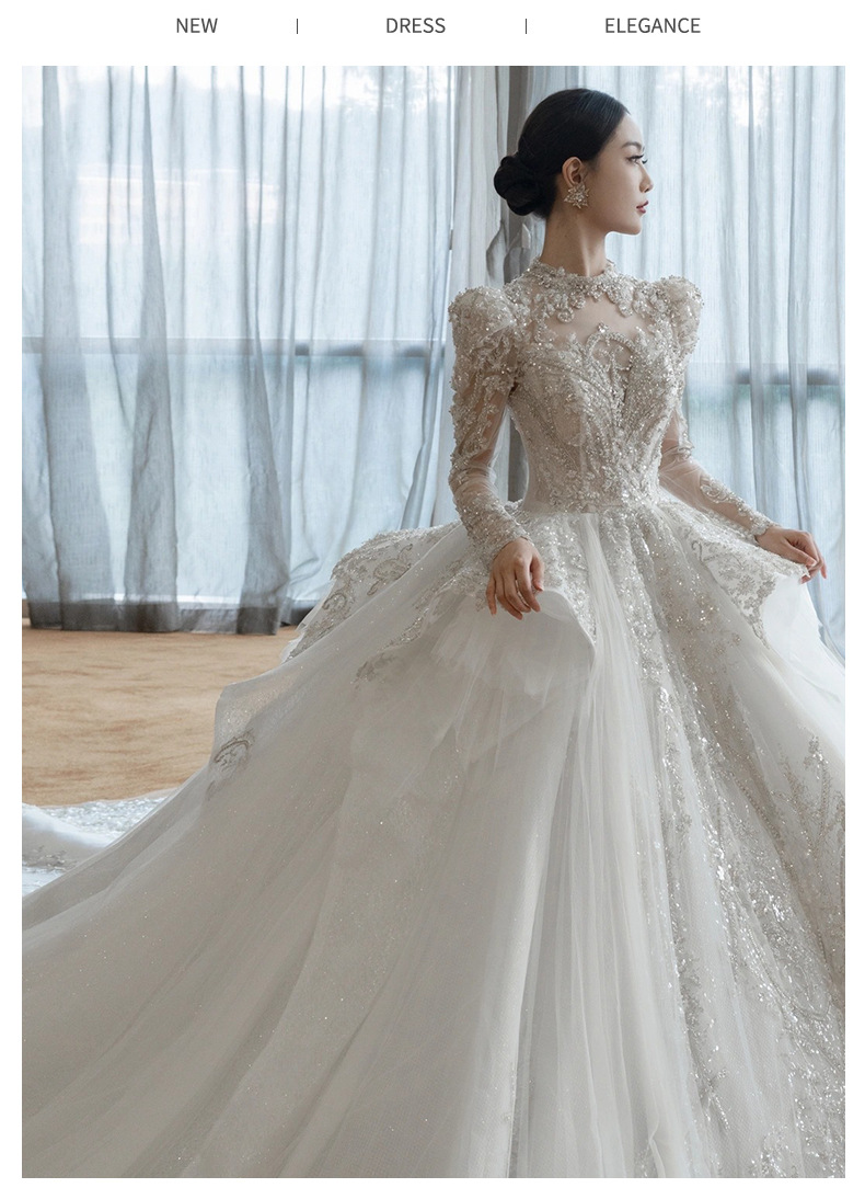 主婚纱长袖婚纱2021新款冬季新娘主高端大拖尾复古宫廷风质感代发